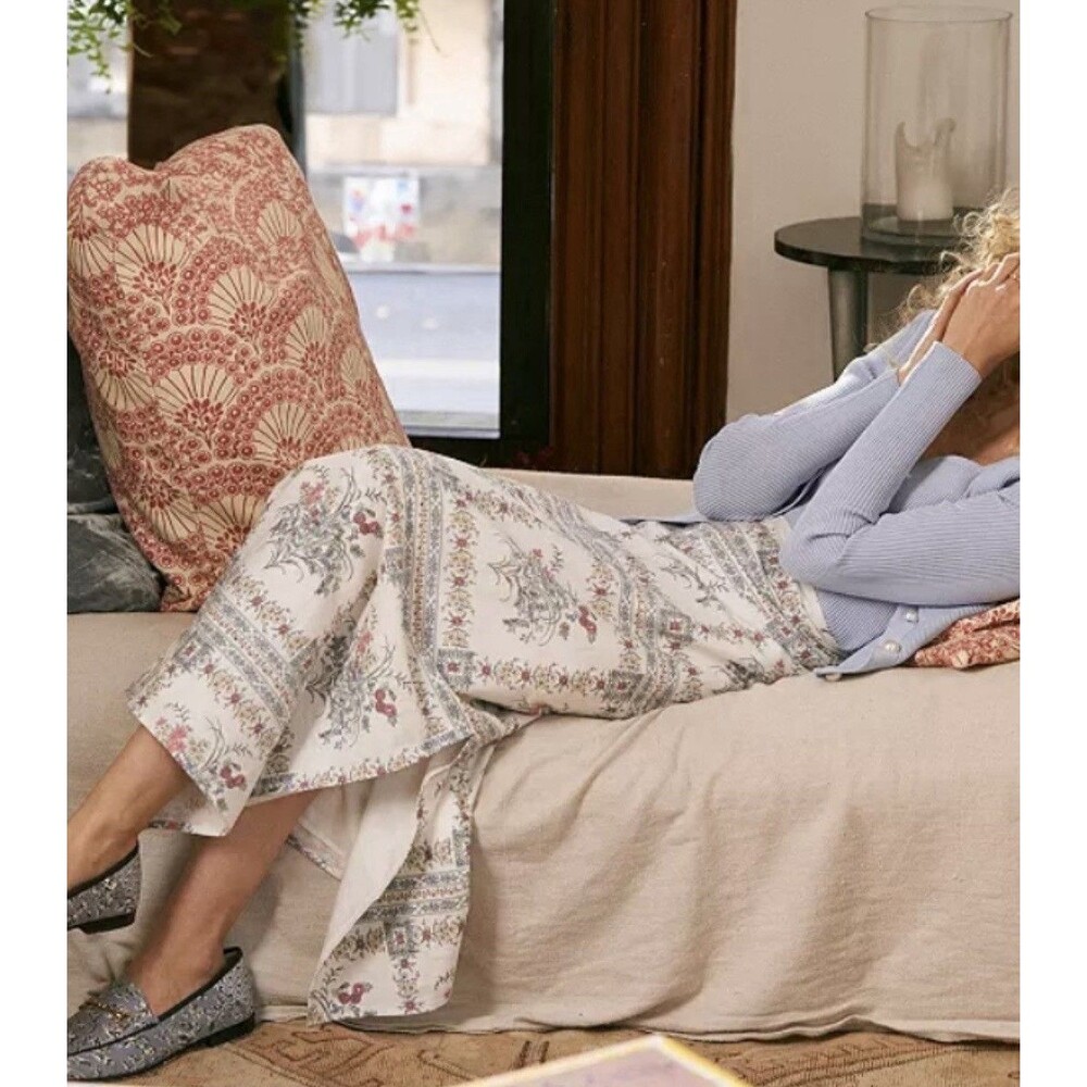 CeCe Floral Cream and Blue Midi Skirt
